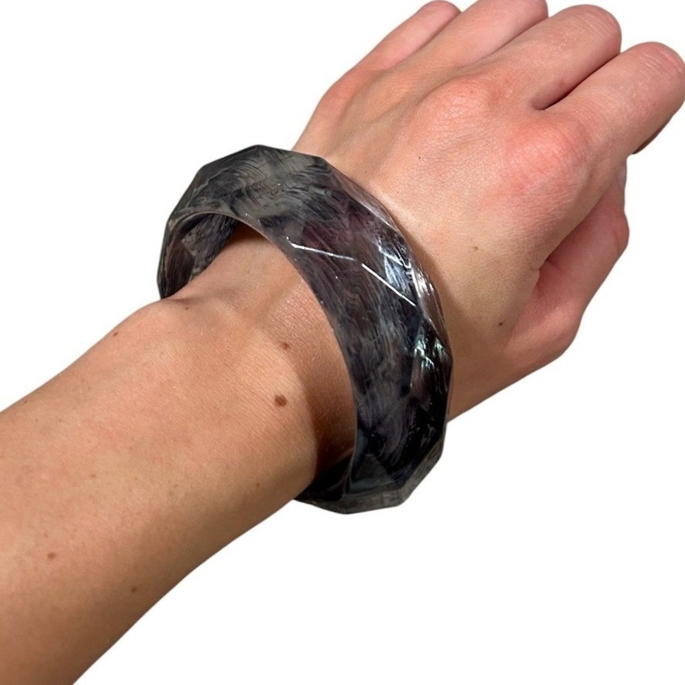 Chunky Faceted Resin Bangle Bracelet‎ Smoky Purple Marbled Acrylic Geometric
